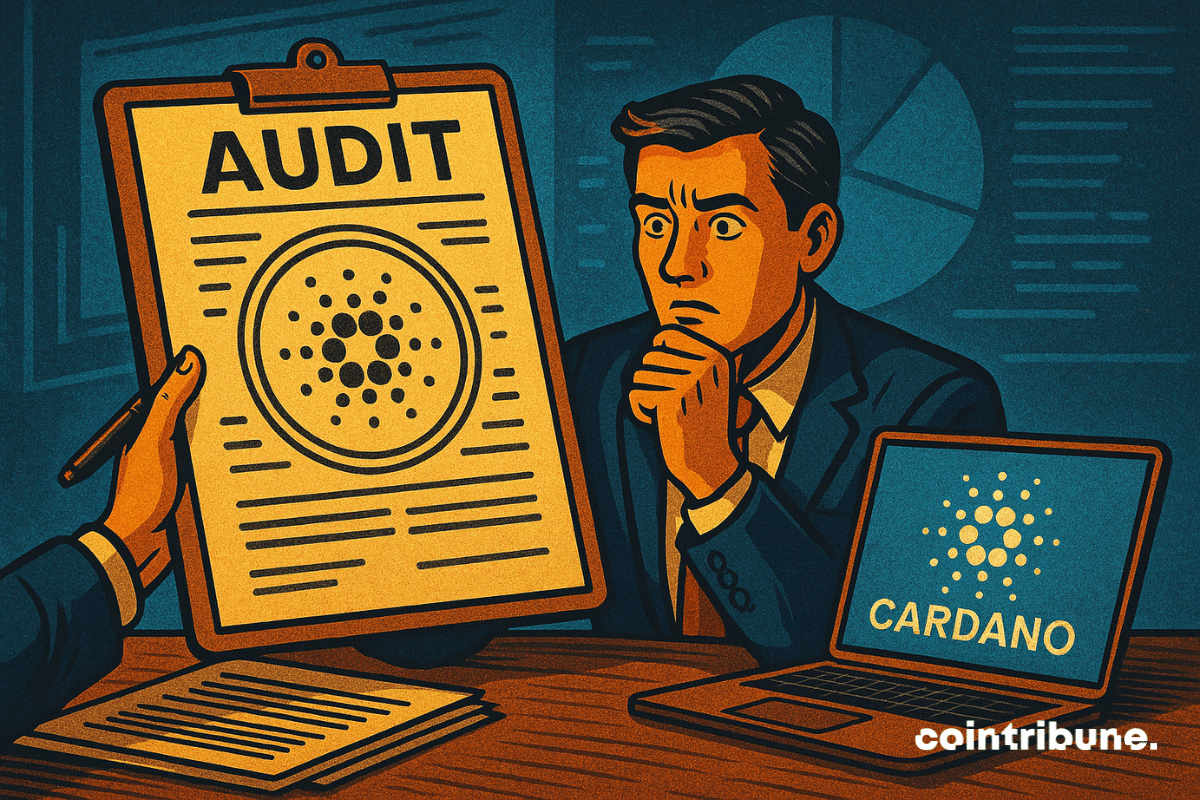 Illustration of a man nervously reviewing an audit report labeled "Cardano" while sitting at a desk with a laptop displaying the Cardano logo.