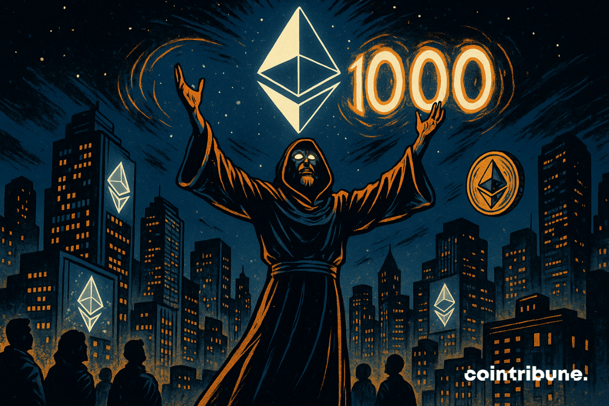 A crypto oracle stands at the edge of a rooftop, centrally positioned. He wears a high-tech black toga with metallic reflections and subtle orange details. His face is partially hidden by a hood, but his eyes glow with a supernatural white light. The figure raises his arms toward the sky in a posture of revelation or prophecy. His stance is upright and solemn, almost theatrical. In the starry sky above him, a massive stylized Ethereum logo (in luminous geometric form) shines brightly. Orbiting around him, the number “10,000” appears as flaming digital digits, evoking a celestial prophecy.