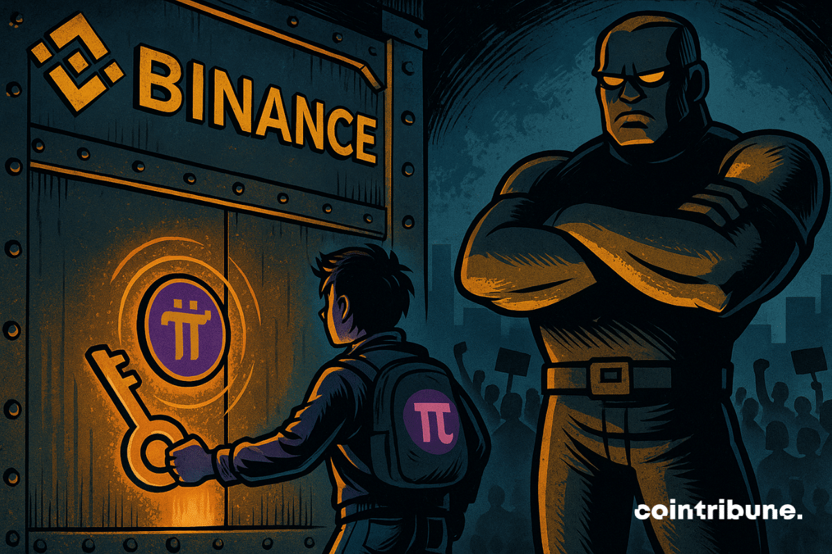 A young character (teen or hacker style), wearing the π symbol on their jacket, extends a glowing key toward a door. The door is guarded by a massive robotic figure, symbolizing Binance’s refusal to list the Pi Network cryptocurrency.