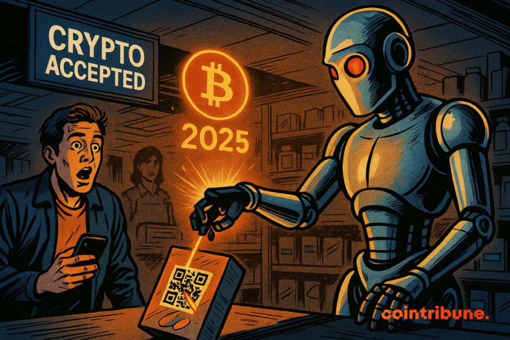 Un robot humanoïde scanne un code QR sur une boîte de céréales à la caisse d'une épicerie, projetant un logo Bitcoin lumineux et « 2025 » sous le regard choqué d'un client.