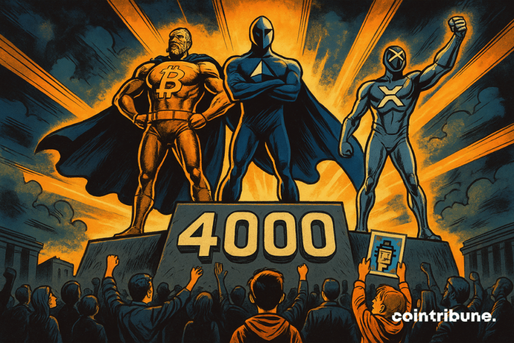 Três figuras humanoides colossais, representando os pilares do mercado cripto —Bitcoin, Ethereum e XRP—, estão centralizadas sobre um imenso pedestal de três níveis, instalado no meio de uma praça monumental.