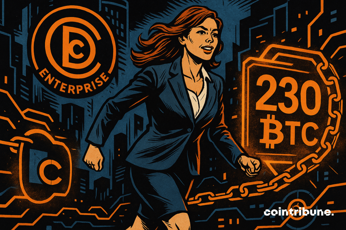 Una empresaria segura de sí misma camina en un entorno digital, con elementos de blockchain y el logotipo de DDC Enterprise.