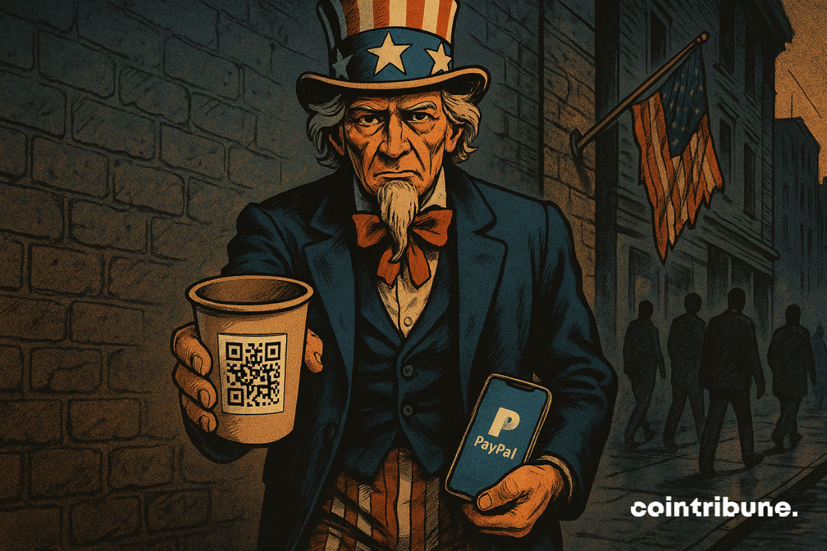 Uncle Sam holds out a cardboard cup with a QR code styled like Venmo. His other hand is in his pocket, where a lit-up smartphone peeks out, showing the PayPal interface with a notification: “ received” — a symbol of the US debt donation request.
