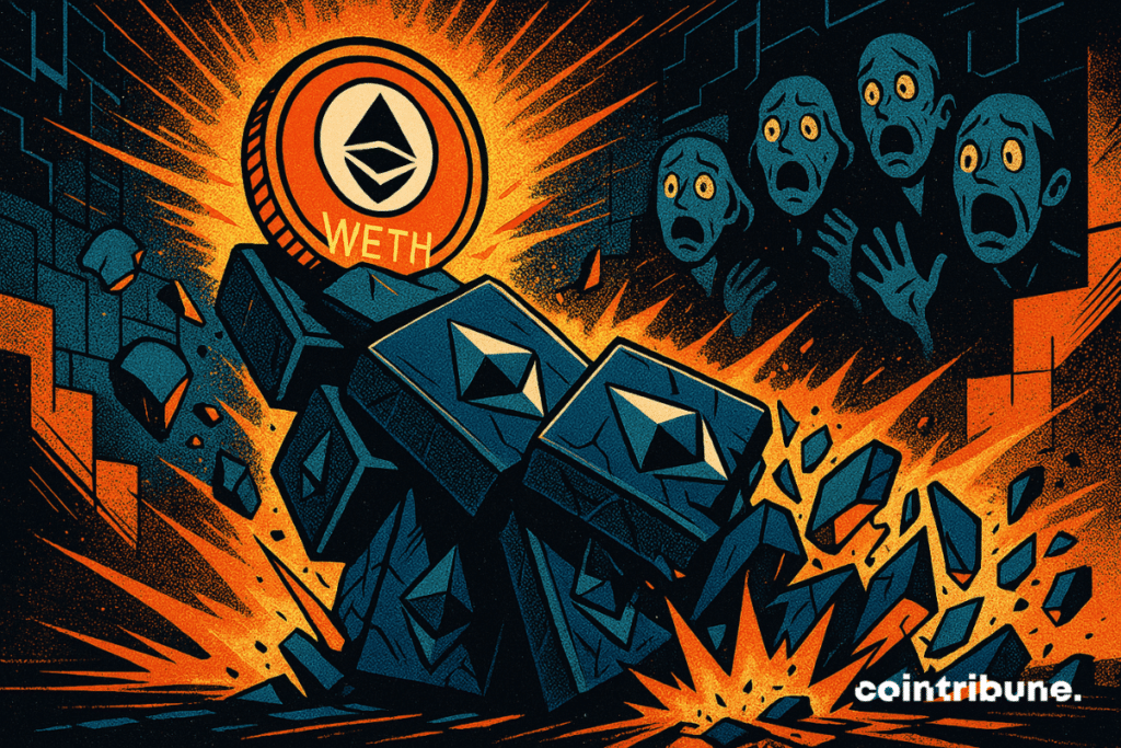 Bright WETH triggers Ethereum collapse, broken tiles, shocked ghostly faces, orange, blue and black digital background.