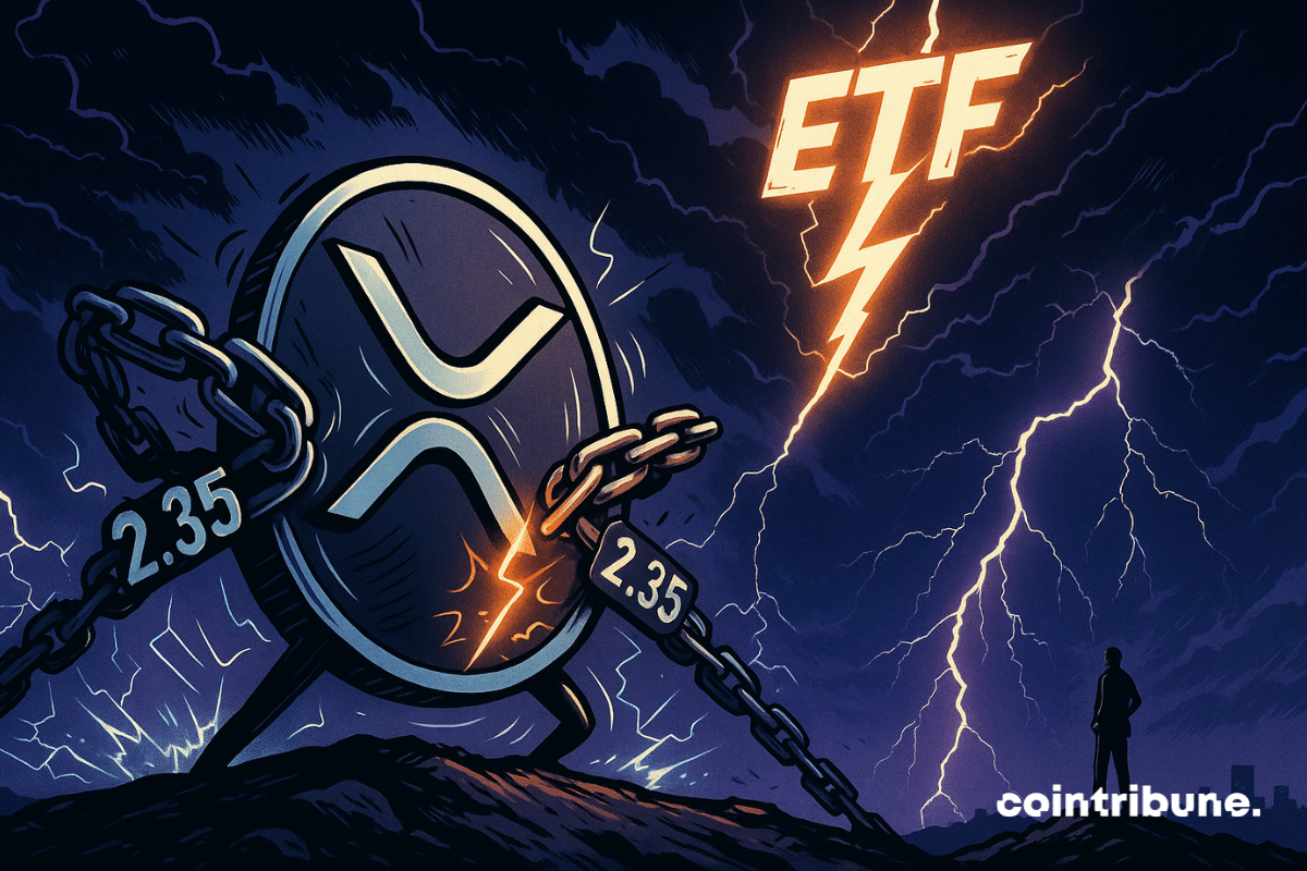 Uma peça gigante personificada da criptomoeda XRP está acorrentada em uma tempestade.
