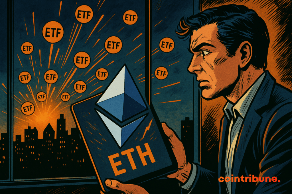 Un hombre observa un gráfico de ETH que explota a partir de ETF, con burbujas de "ETF" y una puesta de sol.
