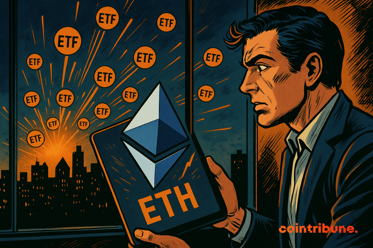 A man looks at an ETH chart exploding from ETFs, with "ETF" bubbles and a sunset.