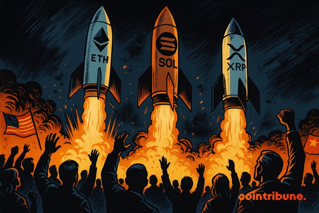 Three rockets marked ETH, SOL and XRP take off, to the cheers of a crowd illuminated by orange flames.