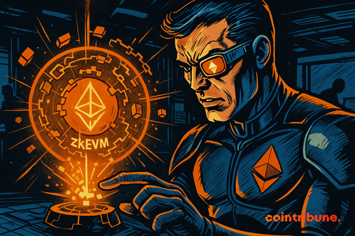 Futuristic cyborg activates a bright orange zkEVM hologram, symbolizing Ethereum, in a dark and intense technology lab.
