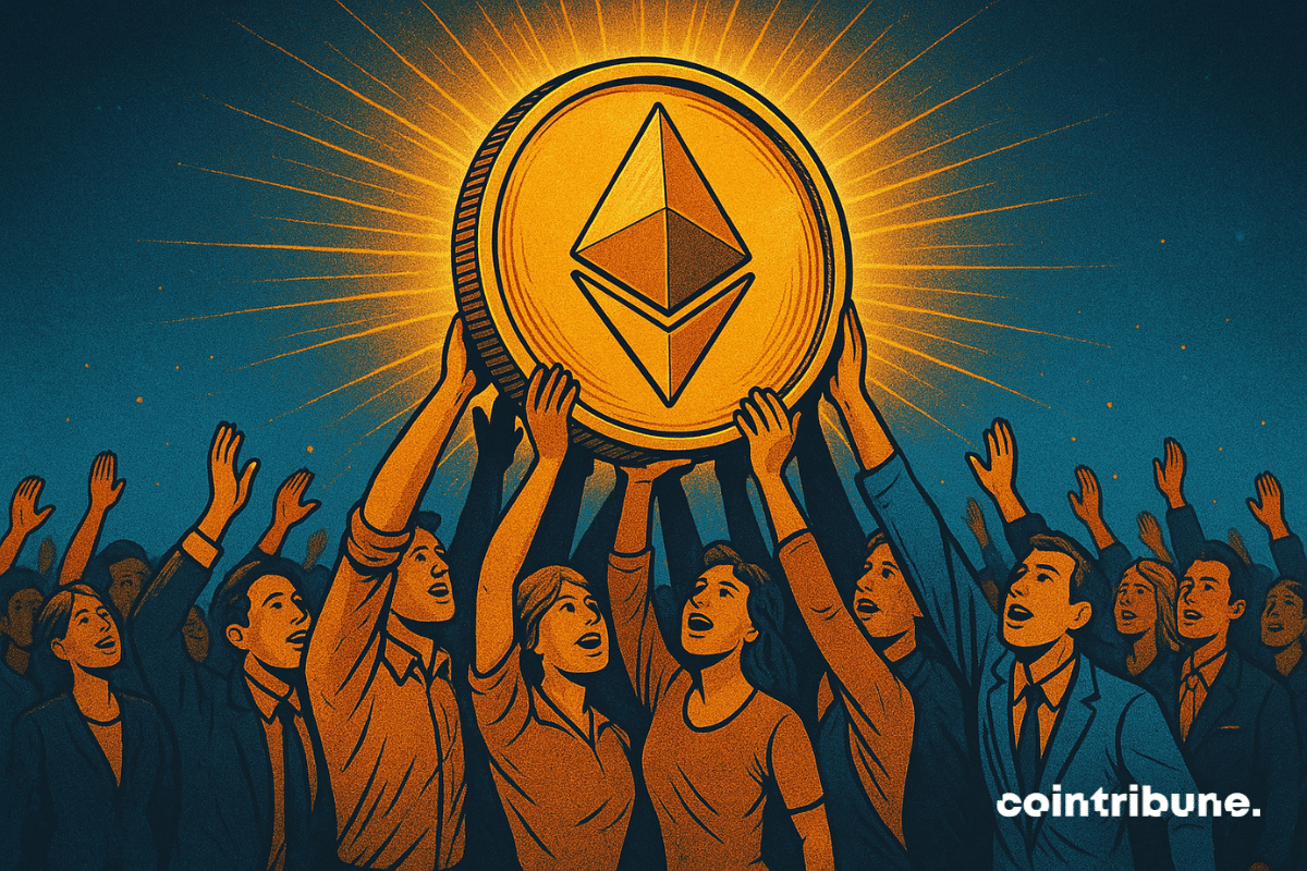 Illustration d'un groupe de personnes soulevant une pièce Ethereum brillante, symbolisant les efforts menés par la communauté pour renforcer le réseau Ethereum.