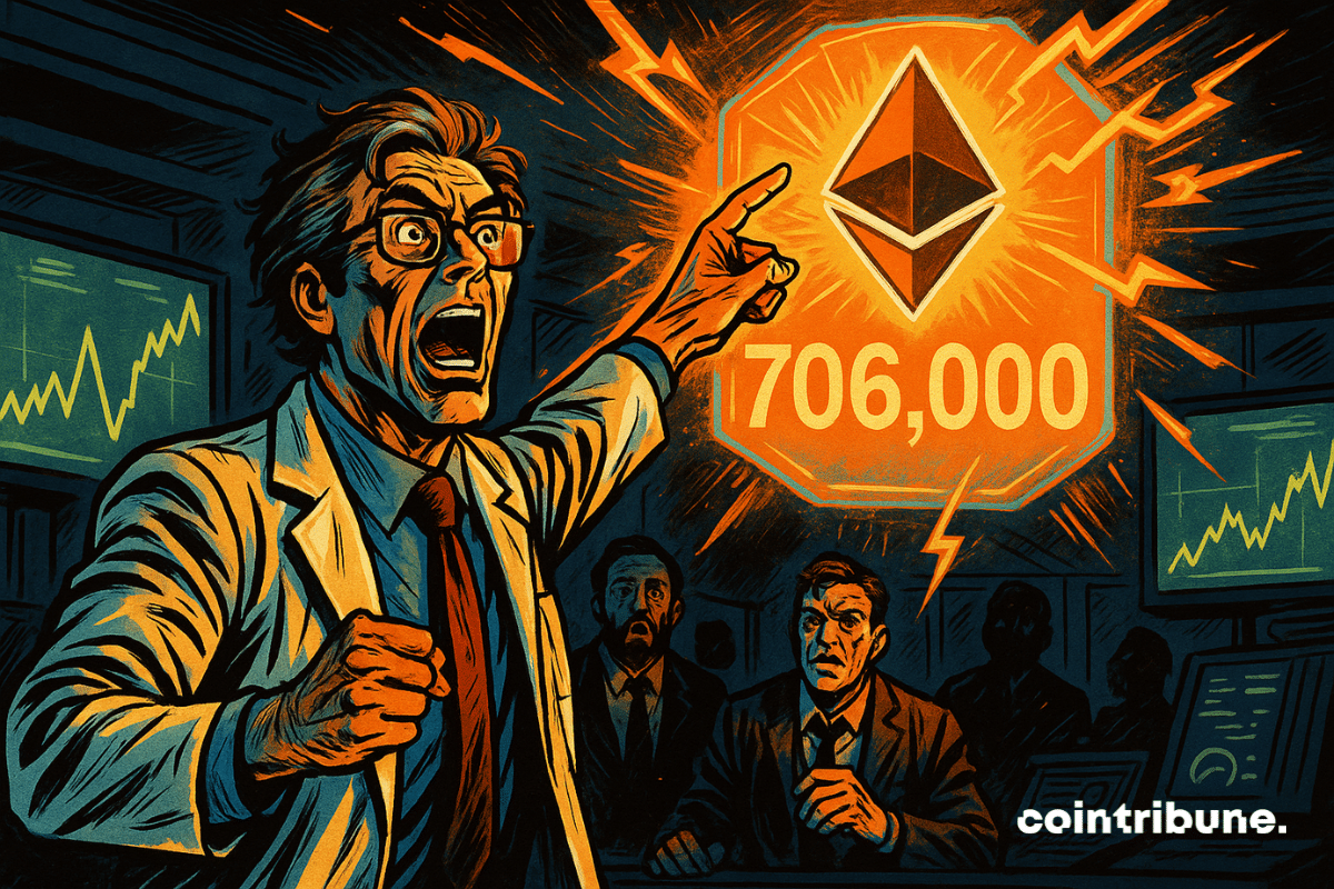 A thrilled scientist in a white lab coat points at an orange hologram displaying the Ethereum logo and the number "706,000", under the astonished gaze of financiers in the background.