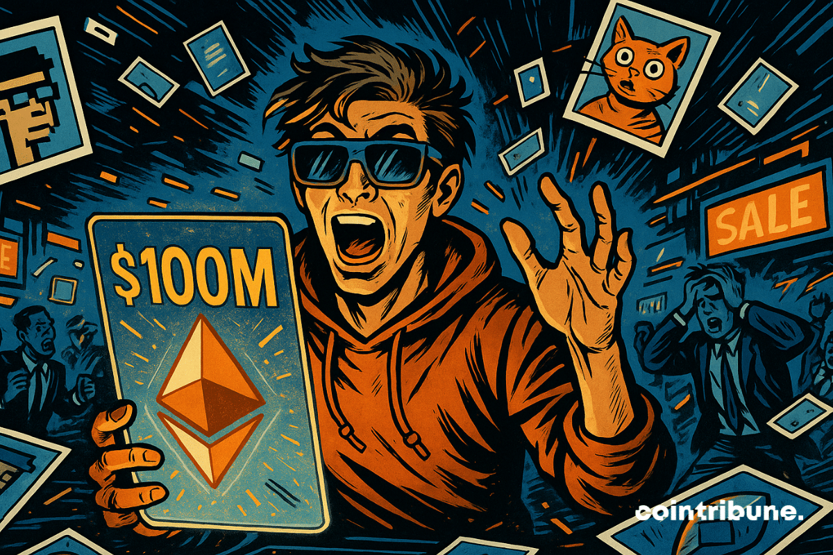 Man in hoodie reacts to 0M Ethereum NFT sales on digital tablet.