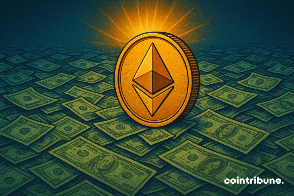 Illustration d'une pièce Ethereum brillante s'élevant au-dessus d'une mer de billets de dollars, symbolisant la montée en flèche des actifs tokenisés sur la blockchain Ethereum.