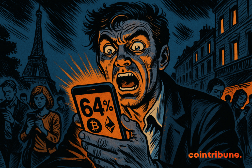 Homme choqué regarde son smartphone affichant "64%", entouré de passants hypnotisés, avec la Tour Eiffel en arrière-plan nocturne.