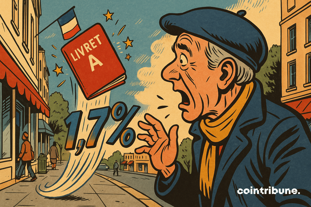 Un cuaderno rojo del Livret A cae en espiral hacia el suelo, arrastrando un «1,7 %» que flota detrás, simbolizando la caída del tipo en Francia. Un jubilado con boina observa la escena con la boca abierta.