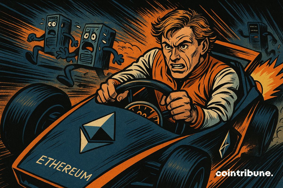Buterin speeds off in a futuristic Ethereum car, pursued by panicked anthropomorphic servers, in an explosive and dynamic scene.