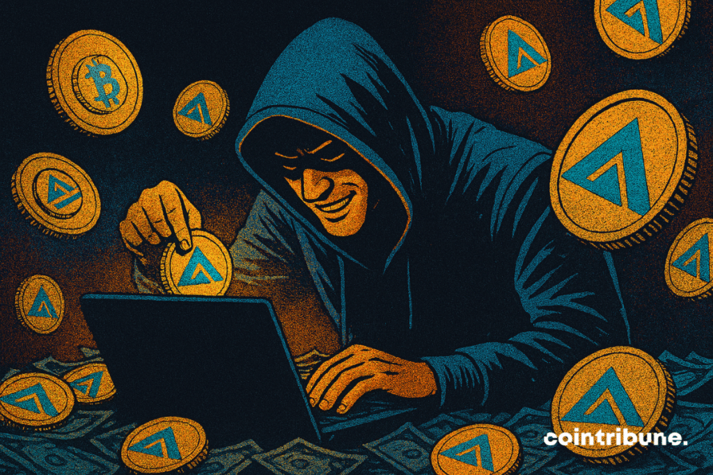 Illustration d'un pirate informatique portant un sweat à capuche interagissant avec un ordinateur portable, entouré de pièces flottantes Arbitrum et Bitcoin, symbolisant l'exploit GMX et le vol de crypto.