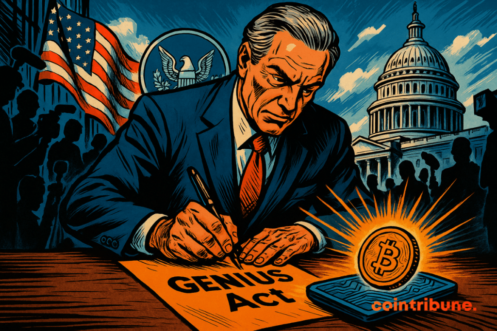 A politician formally signs the *Genius Act* under the Washington spotlight, as a glowing crypto symbol emerges from a digital wallet.