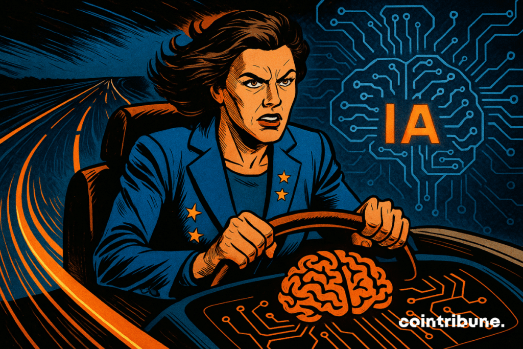 La Unión Europea, personificada, conduce con determinación por una carretera digital, sosteniendo un volante con forma de cerebro de inteligencia artificial.