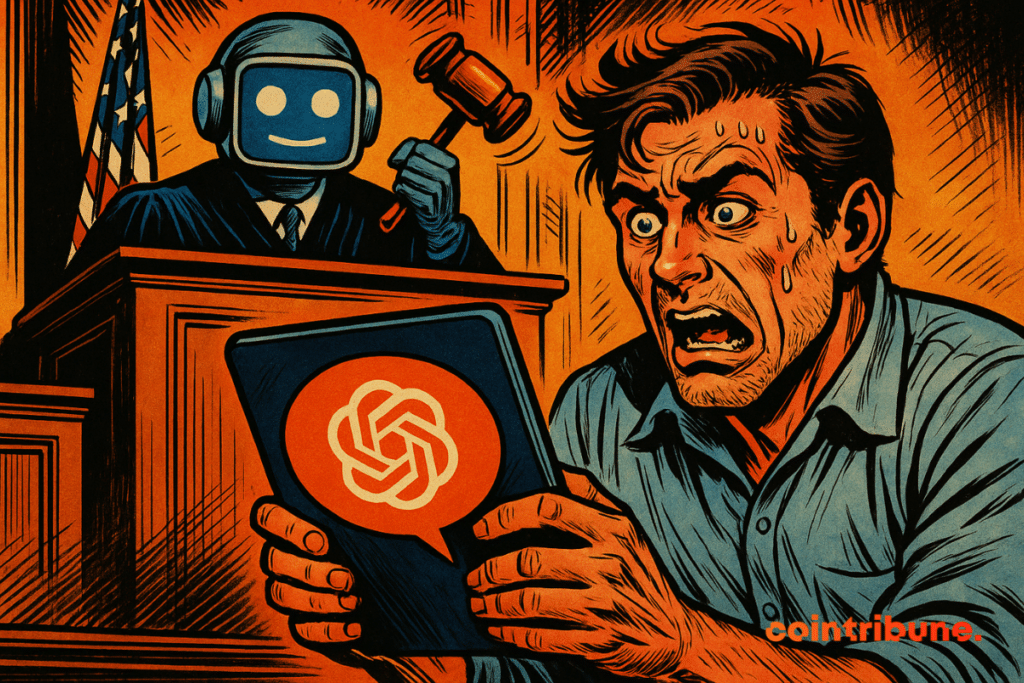 Panicked man holding a tablet displaying the ChatGPT logo, facing a robot judge in a courtroom.