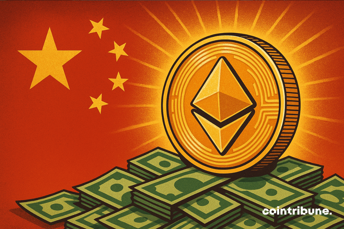 Illustration of a large coin glowing against the backdrop of the Chinese flag, with stacks of US dollar bills at its base, symbolizing China’s growing involvement in digital assets and stablecoin development.