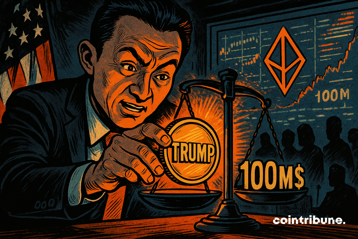 A man holds up a glowing "TRUMP" crypto token to a scale where the other side displays "0M," against a backdrop of a stock chart and American flag.