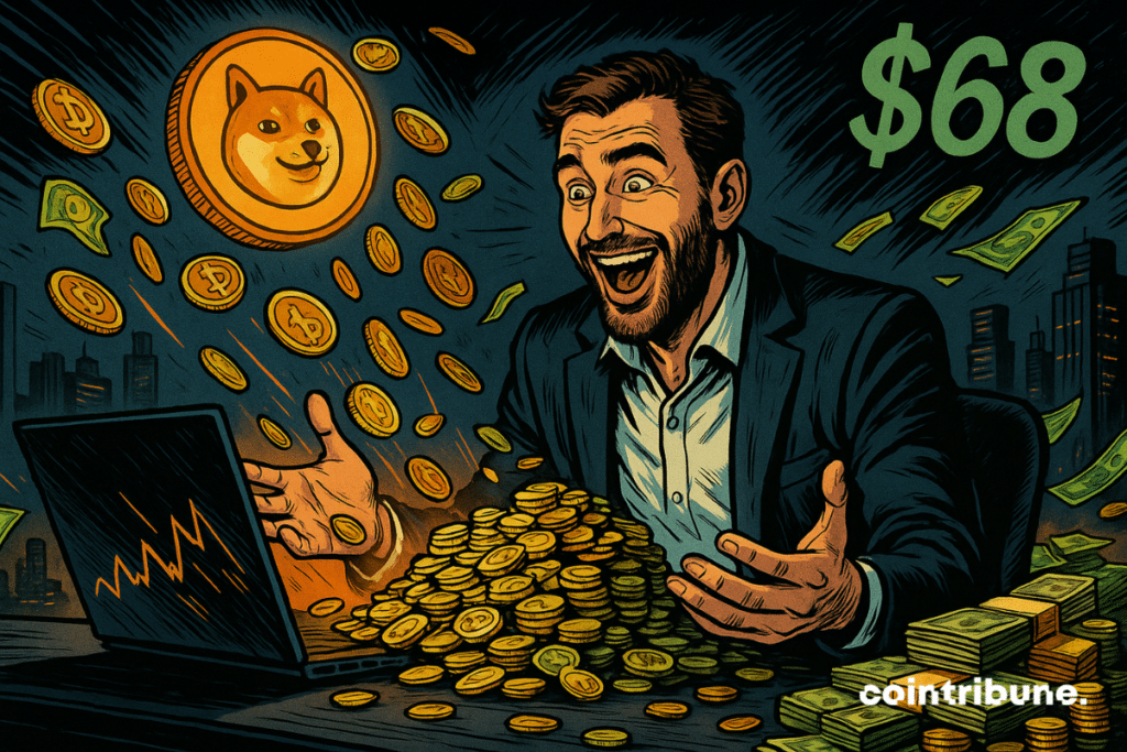 Um homem feliz, cercado por memecoins, cédulas e gráficos financeiros, sorri em frente a um computador, simbolizando os esquemas de enriquecimento rápido.