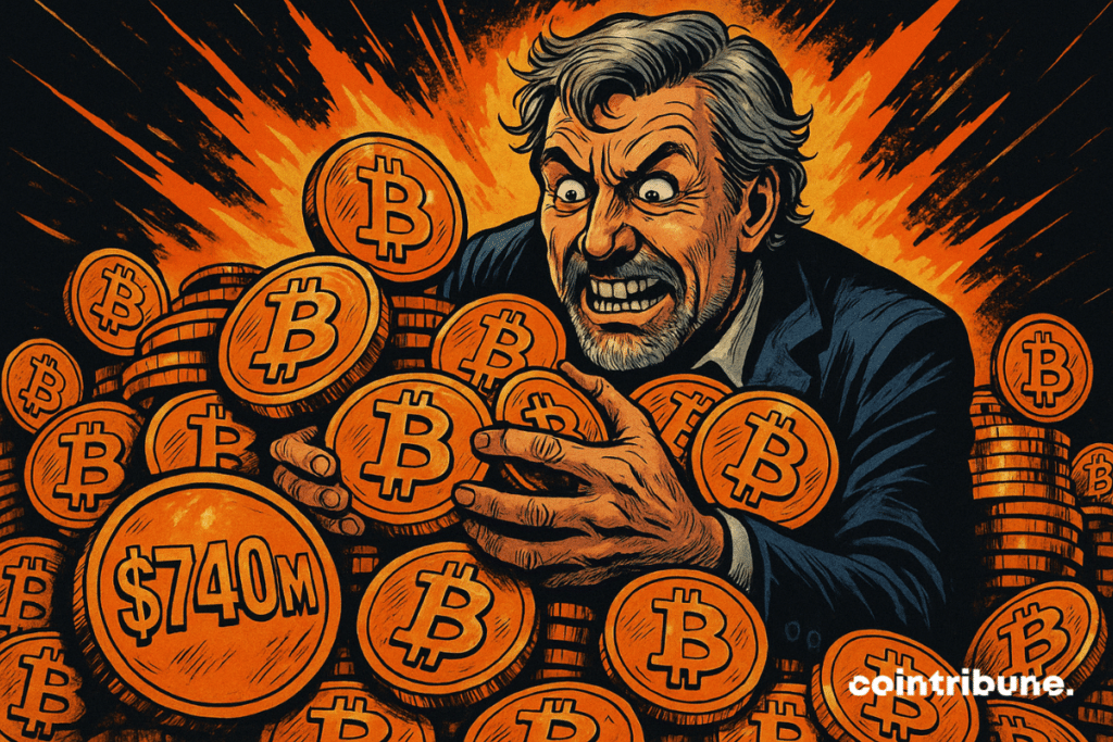 Michael Saylor, frénétique, agrippe des bitcoins empilés. Explosion orange derrière. Pièces marquées "0M". Style comics années 70.