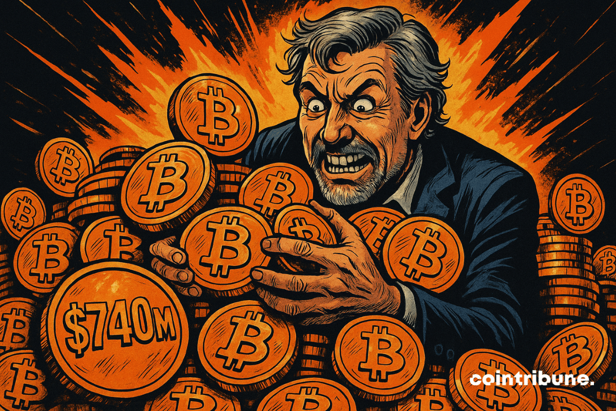 Un Michael Saylor frenético aferra un montón de bitcoins. Una explosión naranja detrás. Monedas marcadas con "0M". Estilo cómic de los años 70.