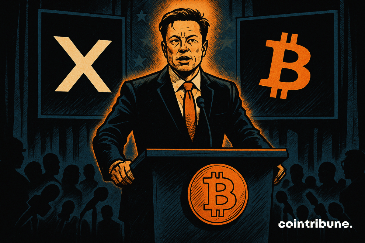 Elon Musk está em um pódio com logotipos brilhantes do Bitcoin X, discursando para uma multidão de jornalistas sob uma iluminação laranja dramática.