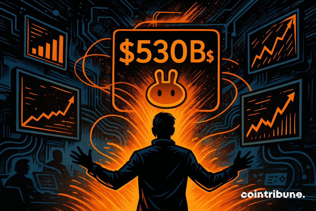 A silhouetted figure, surrounded by explosive graphics and the PancakeSwap logo, illustrates the company's meteoric rise to $530B.