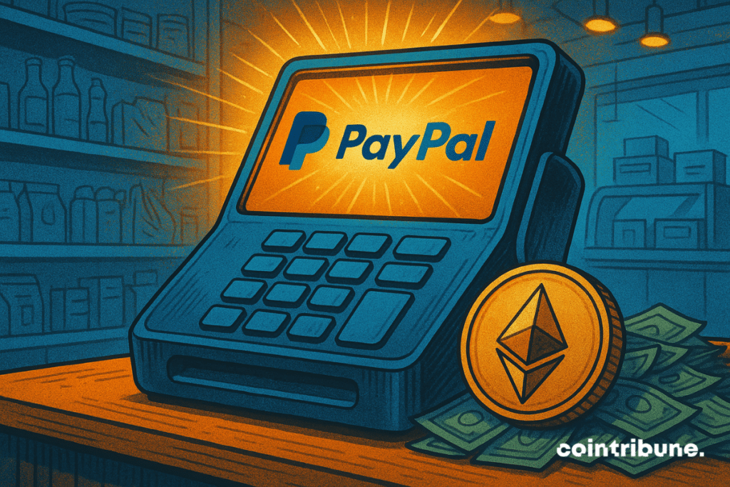 Un terminal de point de vente avec le logo PayPal brillant sur l'écran, à côté d'une pièce d'or Ethereum et de piles de billets de dollars, symbolisant les paiements crypto dans le commerce de détail.