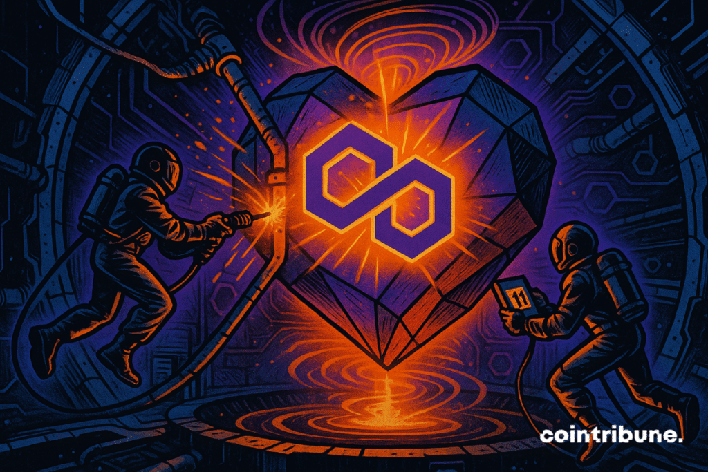 Deux techniciens futuristes de l’écosystème crypto, suspendus par des câbles ou propulseurs magnétiques, style cosmonautes du futur. En lévitation devant le noyau, l’un insère un module hexagonal, l’autre effectue des soudures laser sur un conduit lumineux. Un cœur numérique massif, flottant, formé de segments géométriques polygonaux, au centre duquel rayonne un logo Polygon violet-orangé, vibrant comme un cœur battant.
