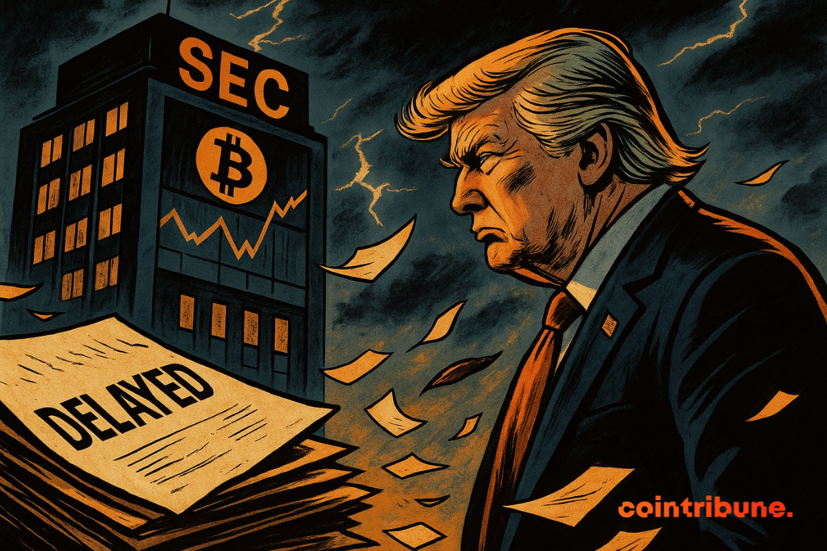 Trump está em frente ao prédio da SEC, uma tempestade sopra papéis marcados como “DELAYED” com um gráfico de Bitcoin.