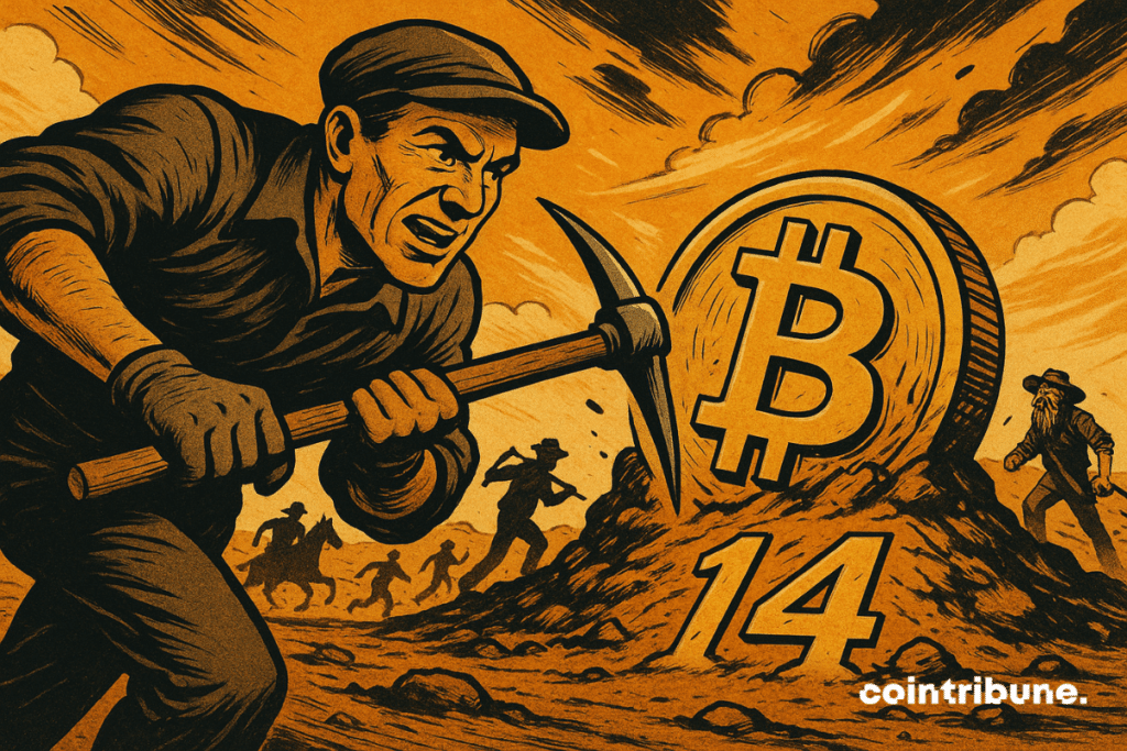 Fiebre del Bitcoin en un desierto naranja, mineros decididos corriendo hacia una moneda gigante marcada con "14", atmósfera occidental dinámica.