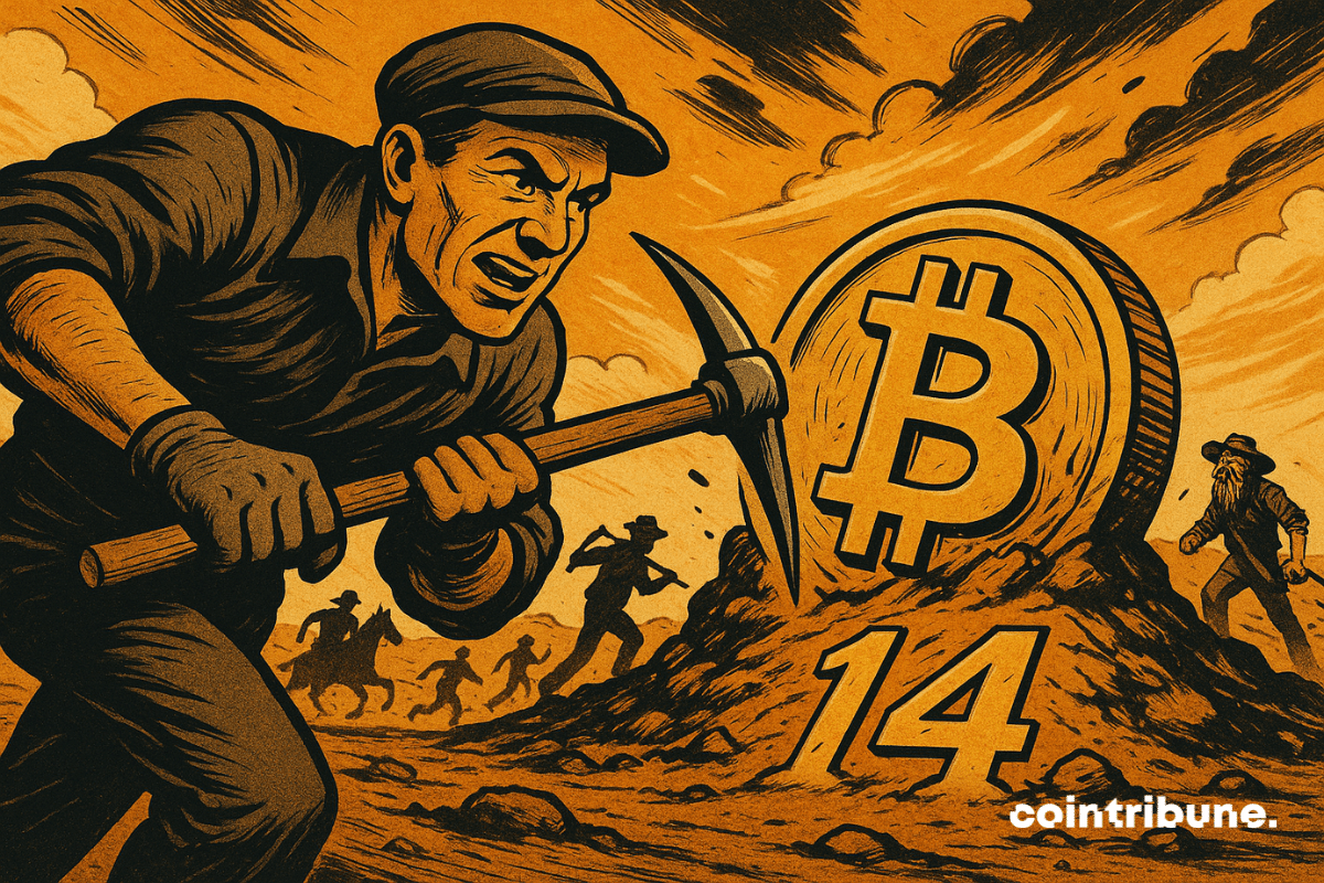 Fiebre del Bitcoin en un desierto naranja, mineros decididos corriendo hacia una moneda gigante marcada con "14", atmósfera occidental dinámica.