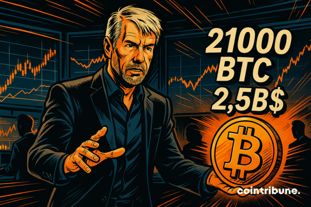 Michael Saylor, de traje, sostiene un bitcoin flotante, con gráficos de acciones, números "21000 BTC" y ".5B".
