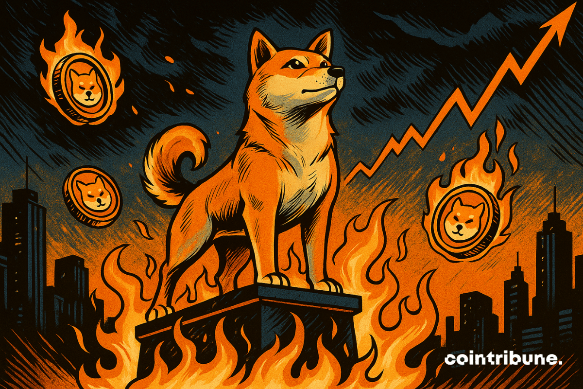 Un heroico Shiba Inu sobre un pedestal en llamas, rodeado de tokens flotantes, con una curva ascendente de fondo.