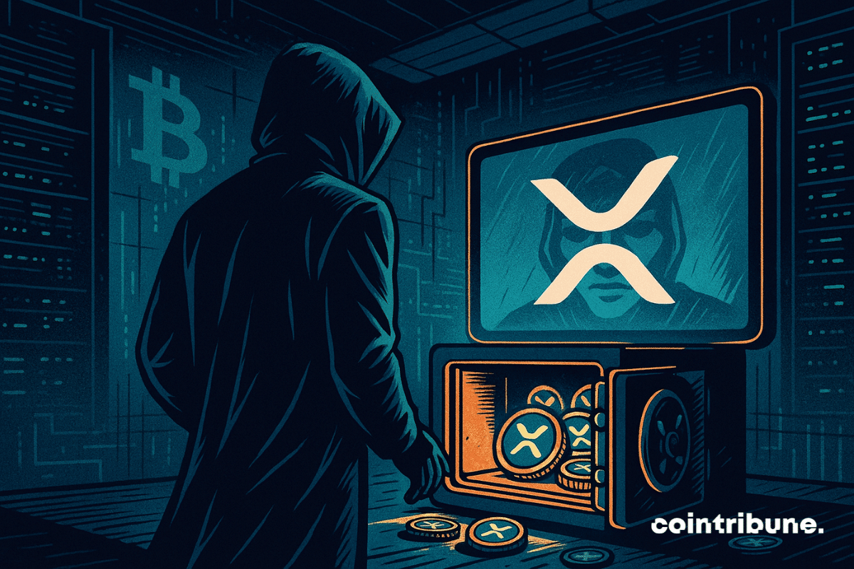 A character from the crypto ecosystem representing Satoshi Nakamoto, wearing a black hoodie, seen from behind, with no visible features. He stands in front of an open digital safe, in deep contemplation. Inside the safe are stylized XRP tokens, glowing and clearly visible. A curved screen displays a blurred reflection of an indistinguishable face with the glowing XRP logo.