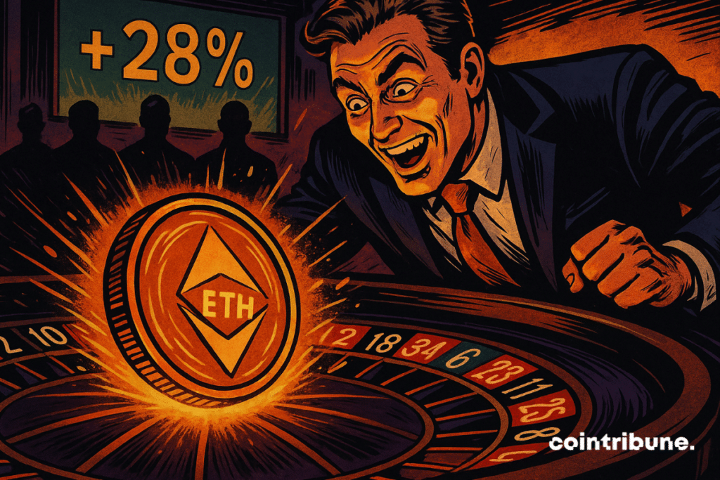 SharpLink joga uma moeda Ethereum em uma mesa de roleta em uma cena de cassino de criptomoedas no estilo dos anos 70.