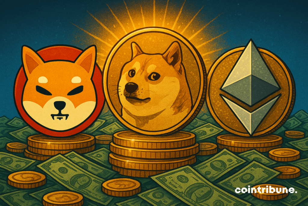 Illustration de pièces Shiba Inu, Dogecoin et Ethereum s'élevant à partir de piles d'argent, symbolisant des mouvements de rupture potentiels sur les marchés de la cryptographie.