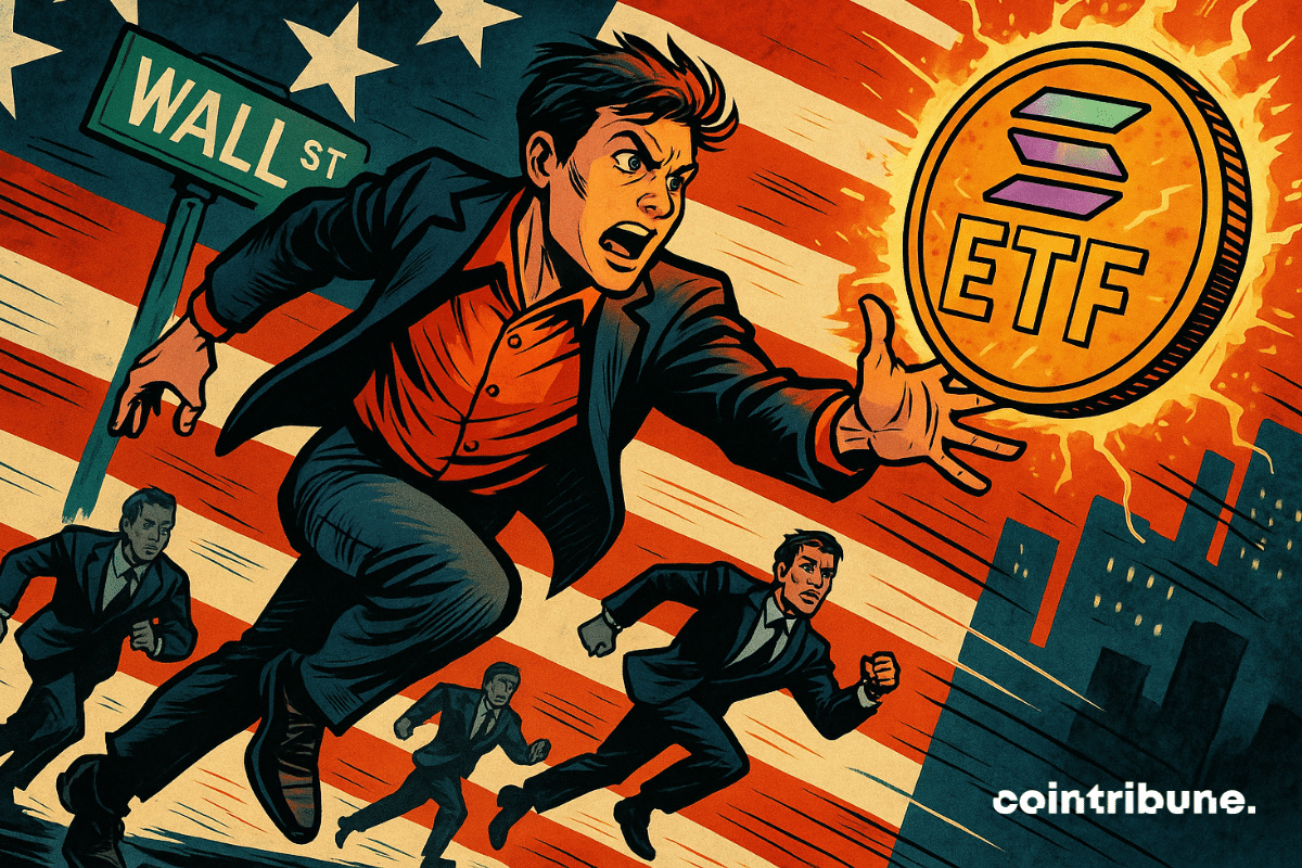 Um jovem investidor salta em direção a uma moeda brilhante do ETF Solana enquanto outros correm atrás dele.