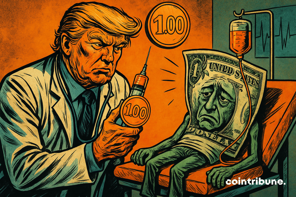 El doctor Trump inyecta una stablecoin «1,00» a un dólar enfermo, tumbado sobre una mesa naranja, en un ambiente dramático de los años 70.