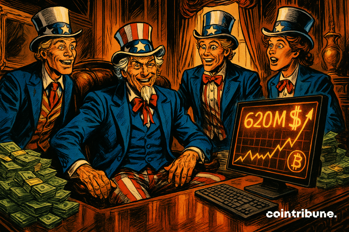Illustration audacieuse : bureau luxueux, Uncle Sam souriant devant écran crypto. Richesse, patriotisme, lumière orange, succès éclatant;