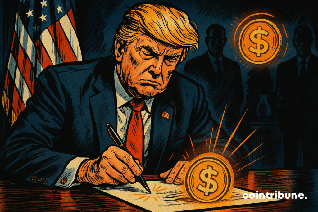 Trump firma un documento oficial, con el rostro concentrado, bajo una luz dramática. Una stablecoin naranja brilla intensamente frente a él.
