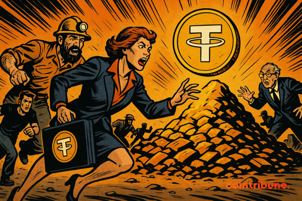 Multidões correndo em direção a um token Tether Gold brilhante, flutuando sobre uma montanha de lingotes, em um cenário laranja no estilo de uma história em quadrinhos dos anos 70.