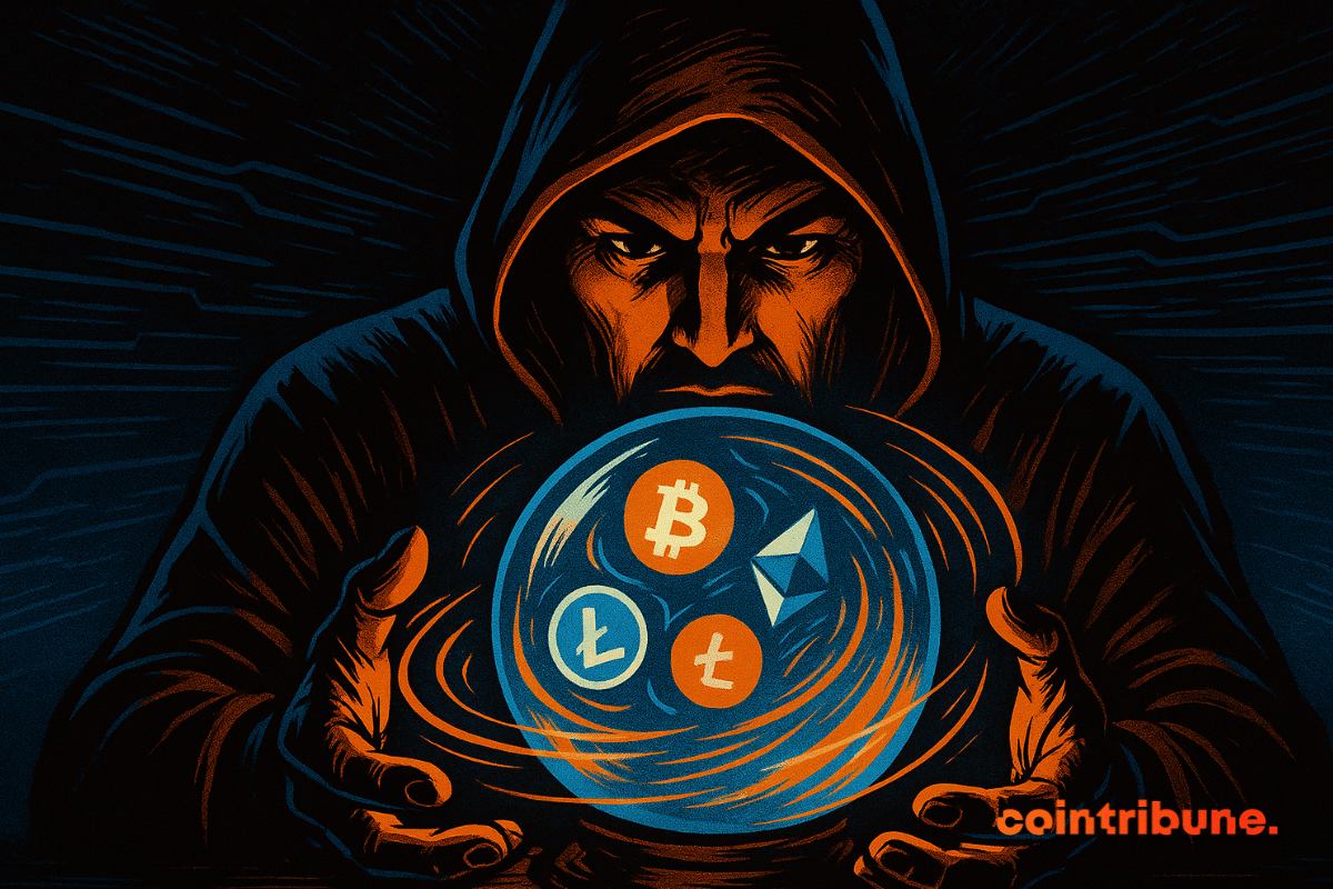 Oracle mystérieux tenant une boule de cristal brillante avec des symboles de crypto-monnaie tourbillonnants, représentant la tokenisation.