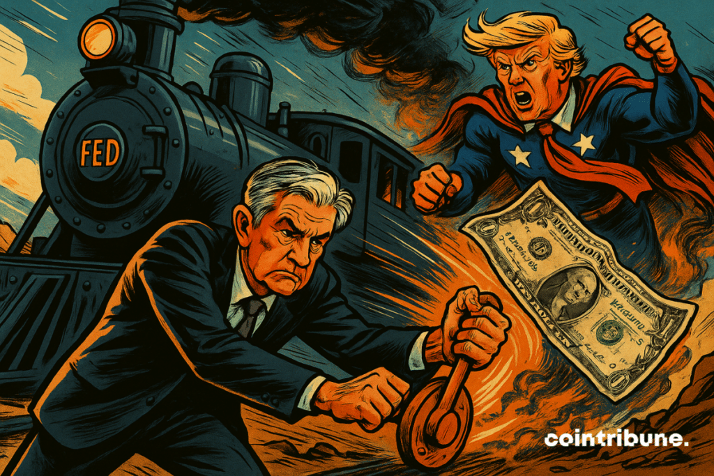 Powell frena una locomotora marcada "FED" mientras Trump, como un superhéroe enojado, blande un dólar deformado, sembrando el caos en el mercado de valores.
