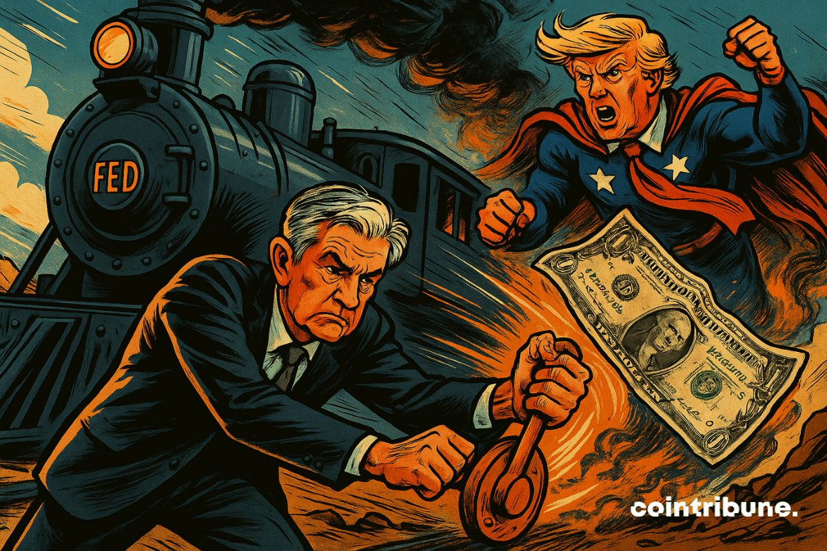 Powell frena una locomotora marcada "FED" mientras Trump, como un superhéroe enojado, blande un dólar deformado, sembrando el caos en el mercado de valores.