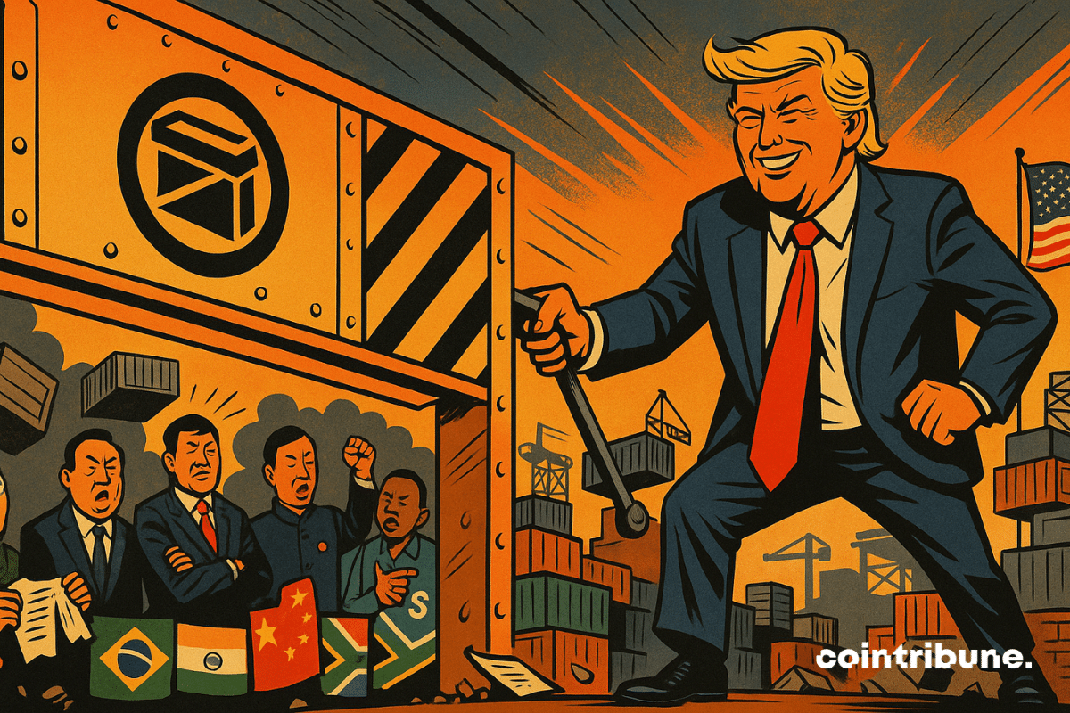 Donald Trump, imposing figure, saturated blue suit, bright red tie, and exaggerated blonde comb-over. He smiles provocatively while lowering a metallic trade barrier with a lever. BRICS leaders watch him, reacting in various postures.